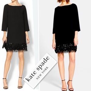 Kate Spade NY Black Sequin Fringe Mini Shift Dress 3/4 Sleeve Boatneck NWT 8